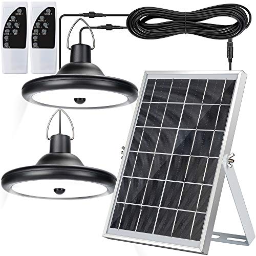 JACKYLED Motion Sensor Dual Head Solar Pendant Lights, 4 Modes Waterproof Shed Lights Indoor Outdoor Use, Remote & 16.4Ft Cord for Barn, Patio, Coop, Gazebo Garage, Cool White