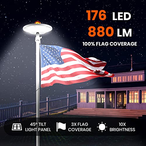 Solar Flag Pole Light 176 LED, 880 Lumens Brightest Solar Powered Flagpole Lights for Most 15 to 25 Ft Flag Poles, 100% Flag Coverage, 6800MAH Downlight Last Up to 10 Hrs, IP67 Waterproof Auto On/Off
