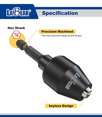 LaBear Drill Chuck Keyless Mini 3-Jaw Adapter with Quick-change 1/4" Hex Shank to Hold 1.5-6mm Alloy Black Drill Bits Milling Cutters