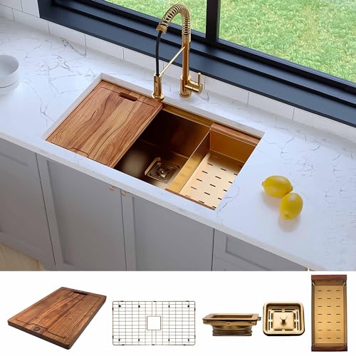 STRICTLY SINKS 32” Gold Work Station Kitchen Sink Undermount Accessory Shelf Single Bowl Square Drain Stainless Steel 90 Degree Radius 16 Gauge–With Single Square Disposal Adapter