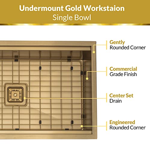 STRICTLY SINKS 32” Gold Work Station Kitchen Sink Undermount Accessory Shelf Single Bowl Square Drain Stainless Steel 90 Degree Radius 16 Gauge–With Single Square Disposal Adapter