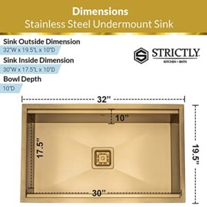 STRICTLY SINKS 32” Gold Work Station Kitchen Sink Undermount Accessory Shelf Single Bowl Square Drain Stainless Steel 90 Degree Radius 16 Gauge–With Single Square Disposal Adapter