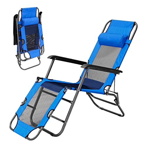 BIGTREE Adjustable Camping Folding Cot Chaise Lounge Chair w/Pillow Breathable Mesh Lounger Reclining Chair,Portable Patio Zero Gravity Chair for Garden Outdoor Camping Pool Lawn