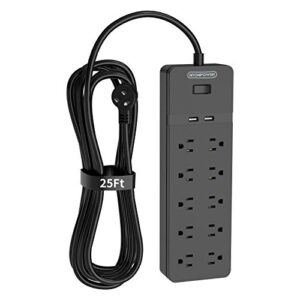 flat plug extension cord 25 ft, ntonpower 10 widely spaced outlets power strip surge protector with 2 usb, overload protection, 1080 joules, wall mountable for indoor, home office and workbench black