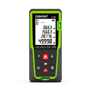 zokoun laser distance measure 165ft, backlit lcd, m/in/ft with high accuracy pythagorean mode, measure distance, area and volume, record storage 99 data and include 2 aaa battery (cs50)