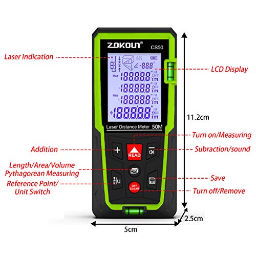 Zokoun Laser Distance Measure 165Ft, Backlit LCD, M/in/Ft with High Accuracy Pythagorean Mode, Measure Distance, Area and Volume, Record Storage 99 Data and Include 2 AAA Battery (CS50)