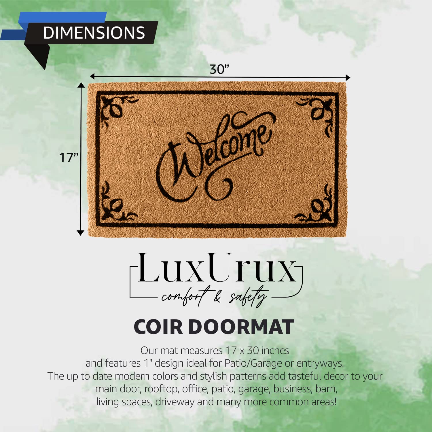 LuxUrux Coco Coir Welcome mat with Heavy-Duty Backing, 17'' x 30'' Natural Door Mat, Easy to Clean Entry Mat, Beautiful Color/Sizing for Outdoor and Indoor uses, Home Decor