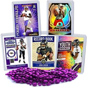 lamar jackson football card bundle, set of 5 assorted baltimore ravens and louisville cardinals mint football cards gift set of heisman mvp quarterback lamar jackson, protected by sleeve and toploader