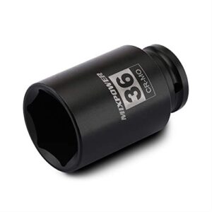 mixpower 1/2" drive deep impact socket, cr-mo, 36 mm, metric, 6 point, axle nut impact grade socket for easy removal