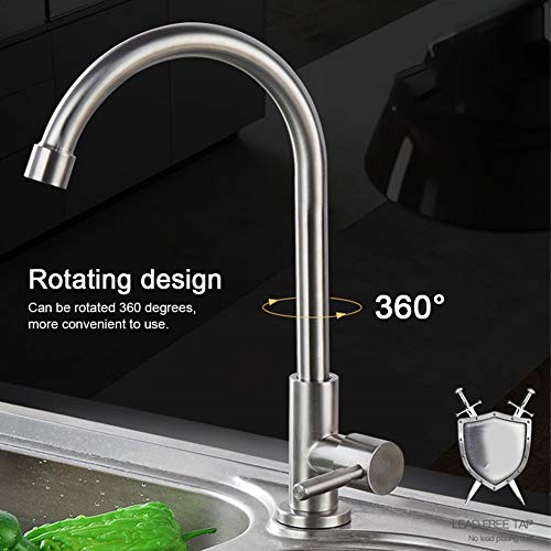 Stainless Steel Basin Faucet Single Cold 360 Degree Rotation Kitchen Faucet Single Hole Sink Water Tap G1/2in Thread