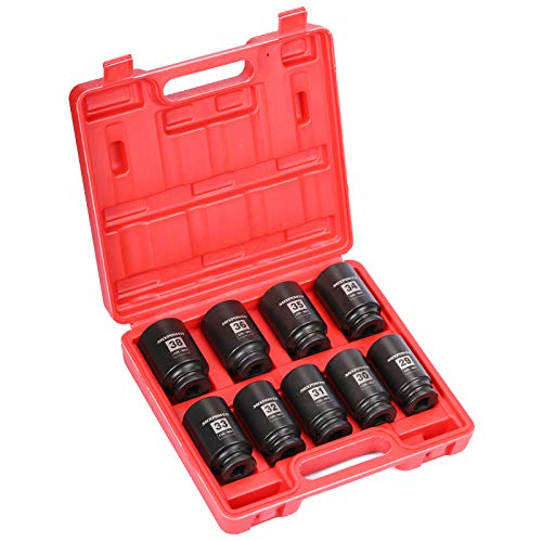 MIXPOWER 1/2- Inch Drive Deep Impact Socket Set, 6 Point, CR-MO, Metric, 29mm-38mm, 9-Piece 1/2" Dr. Deep Spindle Axle Nut Impact Socket Set