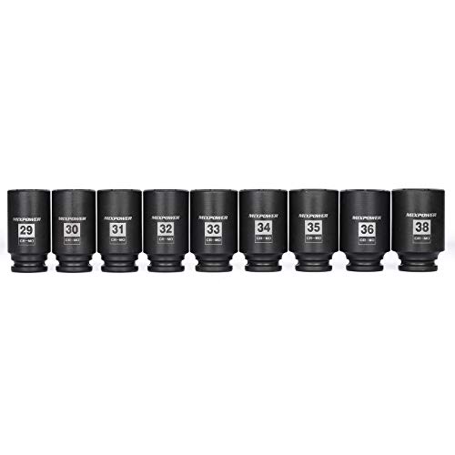 MIXPOWER 1/2- Inch Drive Deep Impact Socket Set, 6 Point, CR-MO, Metric, 29mm-38mm, 9-Piece 1/2" Dr. Deep Spindle Axle Nut Impact Socket Set