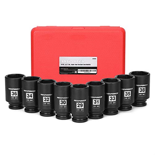 MIXPOWER 1/2- Inch Drive Deep Impact Socket Set, 6 Point, CR-MO, Metric, 29mm-38mm, 9-Piece 1/2" Dr. Deep Spindle Axle Nut Impact Socket Set