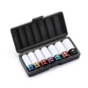 MIXPOWER 1/2" Drive Wheel Protector Impact Socket, 7pcs Thin Wall Deep Impact Socket Set, Durable Plastic Sleeve Lug Nut Socket, 6 Point, Metric, Color-Coded, 17mm, 19mm, 21mm, 22mm, 23mm, 24mm,27mm