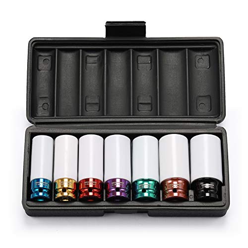 MIXPOWER 1/2" Drive Wheel Protector Impact Socket, 7pcs Thin Wall Deep Impact Socket Set, Durable Plastic Sleeve Lug Nut Socket, 6 Point, Metric, Color-Coded, 17mm, 19mm, 21mm, 22mm, 23mm, 24mm,27mm