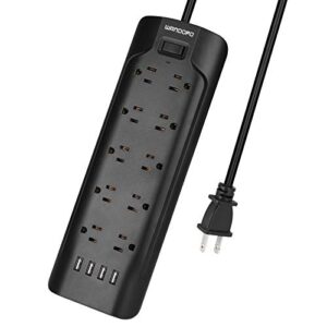 wandofo 2 prong power strip, 6 ft extension cord 700j surge protector, 10 ac outlets and 4 usb, 13a/1625w, polarized two to three prong outlet plug adapter, wall mount, for non-grounded socket, black