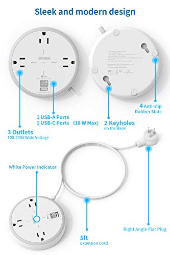 Power Strip with USB C, NTONPOWER Flat Plug Power Strip with USB Ports, 3 Widely Spaced Outlets, Extension Cord with Multiple Outlets, Small and Compact Size,100-240V for International Travel