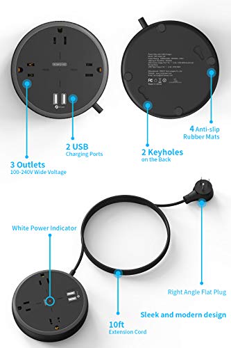 Extension Cord 10 ft, NTONPOWER 3 Widely Spaced Outlets Power Strip with USB Port, Wall Mountable, Flat Plug Extension Cord with USB, Overload Protection for Home, Office, Travel, Dorm Essentials