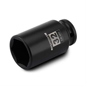 mixpower 1/2" drive deep impact socket, cr-mo, 32mm, metric, 6 point, axle nut impact grade socket for easy removal
