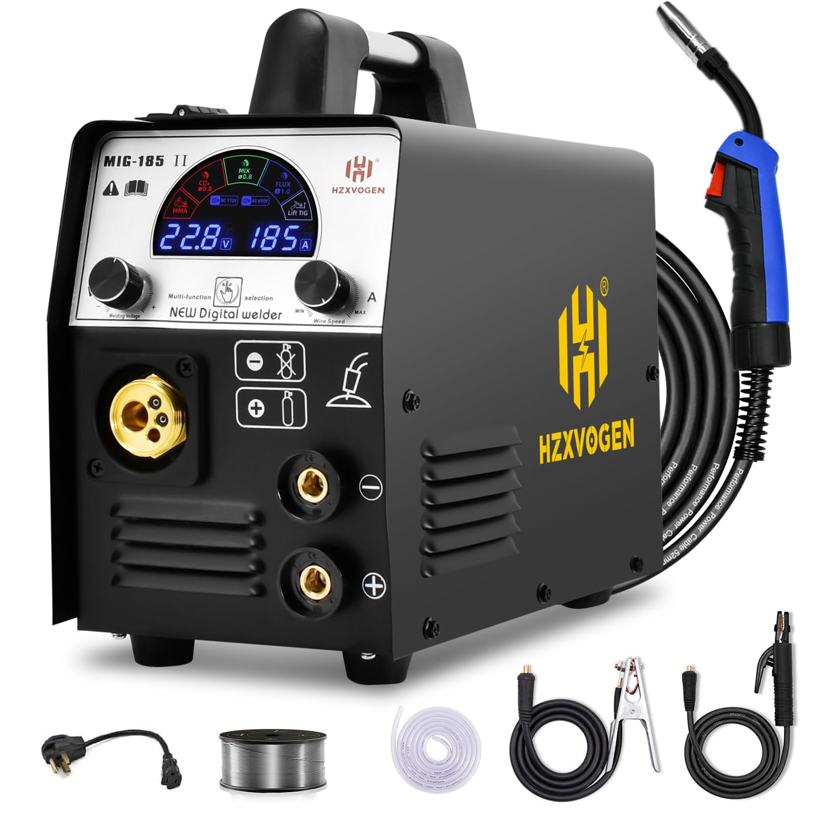 HZXVOGEN 5 in 1 Multiprocess Welding Machine 200A Colorful LED Display MIG Welder 110V/220V IGBT Flux Core Solid Core Lift TIG Stick MMA Wire Welder Portable Inverter Welder