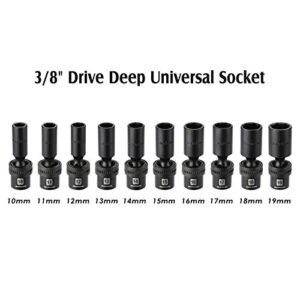 MIXPOWER 10-piece 3/8" Drive Deep Universal Impact Socket Set, 6 Point, Metric, 10-19 mm, Swivel Socket with Flexible Wobble, CR-MO Impact Grade…