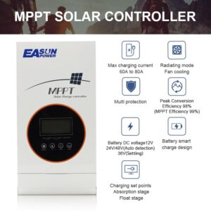 80A MPPT Solar Charge Controller 12V/24V/36V/48V Auto,Solar Charger Regulator Intelligent Regulator Support Wide Range of Batteries