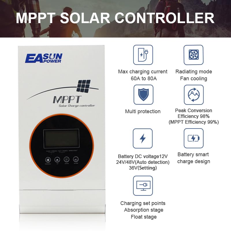 80A MPPT Solar Charge Controller 12V/24V/36V/48V Auto,Solar Charger Regulator Intelligent Regulator Support Wide Range of Batteries