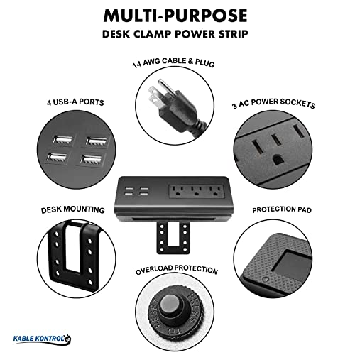 Kable Kontrol Desk Clamp Power Strip with 4 USB Ports, Desk Edge Power Charging Station, 3 Power Outlets, Fast Charger, Easy Installation for Home, Offices, Hotels – 4.9 Ft, Black