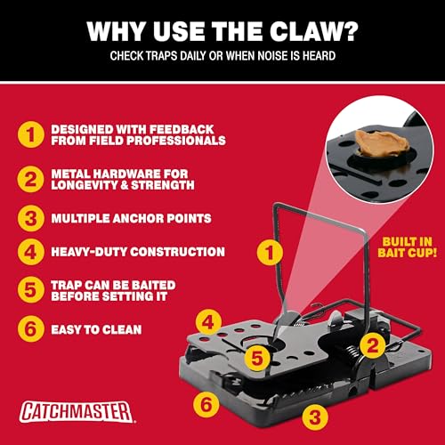 Catchmaster The Claw Quick Set Rat Snap Trap 6-Pk, Mouse Traps Indoor for Home, Reusable Rodent Killer for House, Outdoor Critter Catcher, Eco Friendly Pest Control for Garage, Basement, & Kitchen