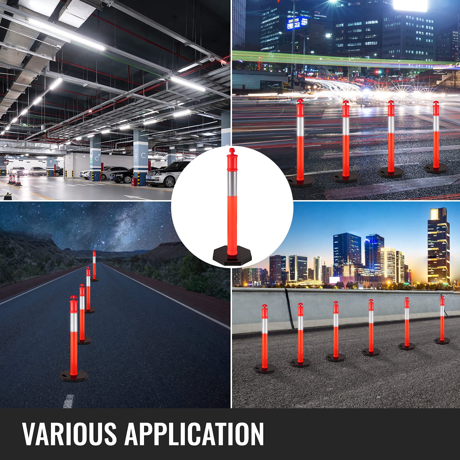 VEVOR 12Pack Traffic Delineator Posts 44 Inch Height, Channelizer Cones Post Kit 10 inch Reflective Band, Delineators Post with Rubber Base 16 inch for Construction Sites, Facility Management etc