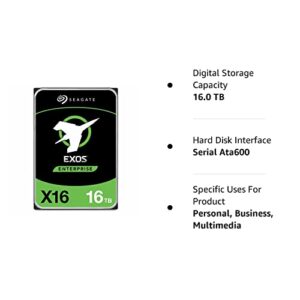 Seagate 16TB HDD Exos X16 7200 RPM 512e/4Kn SATA 6Gb/s 256MB Cache 3.5-Inch Enterprise Hard Drive (ST16000NM001G) (Renewed)