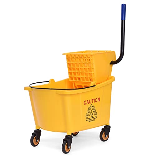 Byroce Commercial Mop Bucket, 26 Quart Capacity, Side Press Cleaning Wringer, Portable Trolley On Wheels, All-in-One Tandem Floor Cleaning Wavebrake, Ideal for Household, Commercial, Restaurant