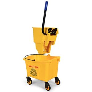 Byroce Commercial Mop Bucket, 26 Quart Capacity, Side Press Cleaning Wringer, Portable Trolley On Wheels, All-in-One Tandem Floor Cleaning Wavebrake, Ideal for Household, Commercial, Restaurant