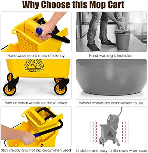 Byroce Commercial Mop Bucket, 26 Quart Capacity, Side Press Cleaning Wringer, Portable Trolley On Wheels, All-in-One Tandem Floor Cleaning Wavebrake, Ideal for Household, Commercial, Restaurant