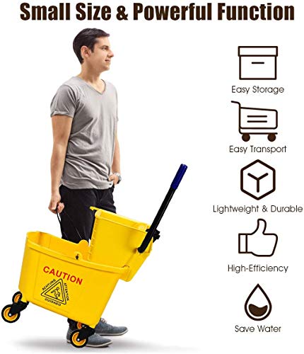 Byroce Commercial Mop Bucket, 26 Quart Capacity, Side Press Cleaning Wringer, Portable Trolley On Wheels, All-in-One Tandem Floor Cleaning Wavebrake, Ideal for Household, Commercial, Restaurant