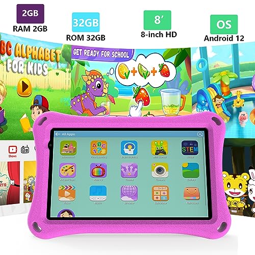 8 inch Kids Tablet, 32GB ROM Android 12 Tablet for Kids Parent Control Toddler Tablet with Case, 2GB RAM Wifi Tablet Pc, Pre installed Learning Education Tablets, 2+5MP Dual Camera IPS Screen, Pink