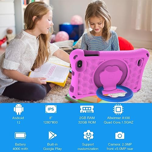 8 inch Kids Tablet, 32GB ROM Android 12 Tablet for Kids Parent Control Toddler Tablet with Case, 2GB RAM Wifi Tablet Pc, Pre installed Learning Education Tablets, 2+5MP Dual Camera IPS Screen, Pink