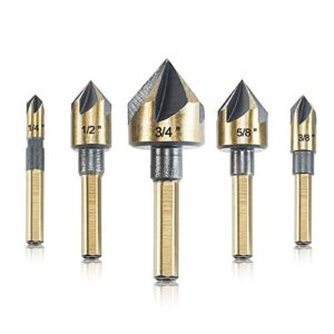 countersink drill bit set, 5 pieces high speed steel 82 degree 5 flute 6mm round shank mill cutter bit countersink in sizes 1/4” 3/8” 1/2” 5/8” 3/4” set with carrying case.