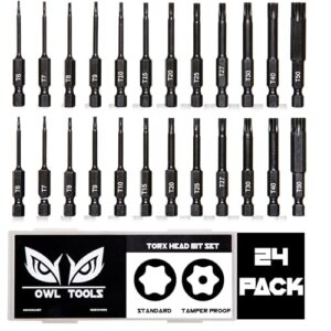 owl tools torx bit set (24 pack in standard torx star bits & security/tamper proof) sizes - t6 - t50 - hex shank bit with magnetic tips - hardened crm steel alloy - 2.3" long