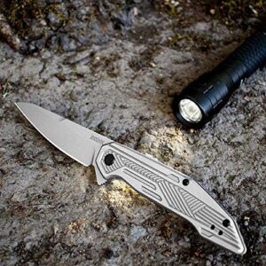 Kershaw Terran EDC Pocket Knife, 3.125" 8Cr13MoV Steel Drop Point Blade, Assisted Flipper Folding Knife,Silver