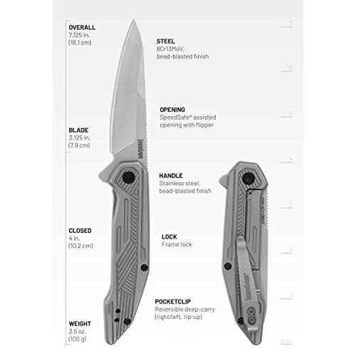 Kershaw Terran EDC Pocket Knife, 3.125" 8Cr13MoV Steel Drop Point Blade, Assisted Flipper Folding Knife,Silver