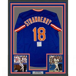 framed autographed/signed darryl strawberry 33x42 new york blue baseball jersey psa/dna coa