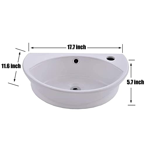 VESLA HOME Commercial 18"x12" Small Oval White Ceramic Corner Wall Mount Sink,Floating Tiny Wall Hung Bathroom Sink Mini Porcelain Vanity Vessel Sink For Small Bathroom,Right Hand