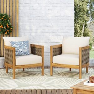 Christopher Knight Home Burchett Outdoor Acacia Wood Club Chairs with Cushions, Beige, Brown