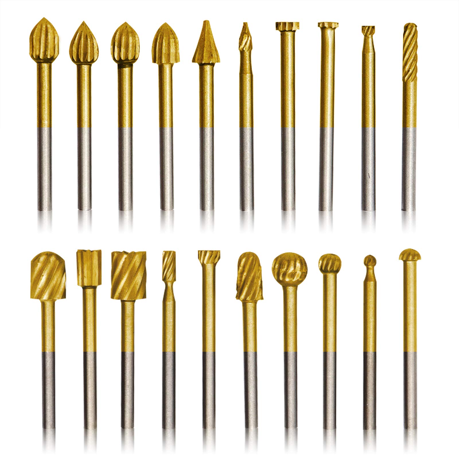 20pcs Rotary Bits Burr Set with 1/8 inch Shank for DIY Woodworking, Carving, Engraving, Drilling.