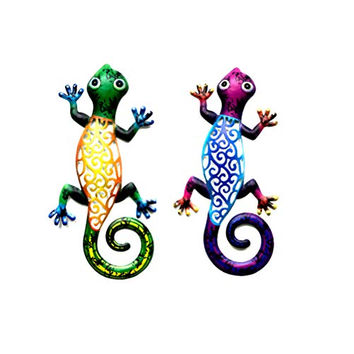 Metal Gecko Wall Decor Art Set of 2 Hanging for Outdoor Backyard Porch Home Patio Lawn Fence Decorations Wall Sculptures