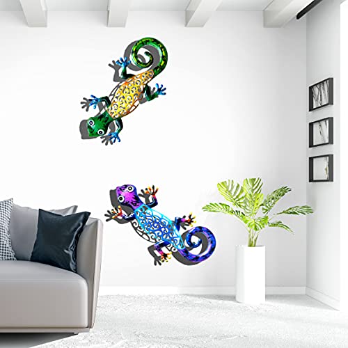 Metal Gecko Wall Decor Art Set of 2 Hanging for Outdoor Backyard Porch Home Patio Lawn Fence Decorations Wall Sculptures