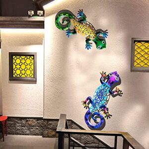 Metal Gecko Wall Decor Art Set of 2 Hanging for Outdoor Backyard Porch Home Patio Lawn Fence Decorations Wall Sculptures