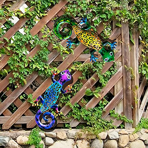 Metal Gecko Wall Decor Art Set of 2 Hanging for Outdoor Backyard Porch Home Patio Lawn Fence Decorations Wall Sculptures