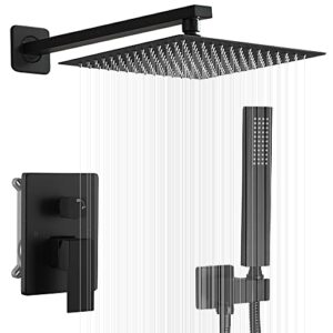 jinggang matte black shower system 12 inch bathroom luxury rain mixer shower combo set wall mounted rainfall shower head and handheld system shower faucet set rough-in valve body and trim included